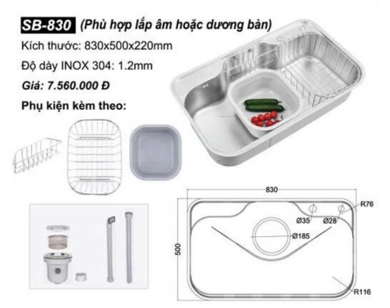 Chậu rửa bát 1 hố Sobisung SB-830