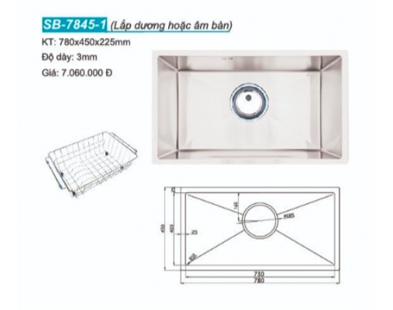 Chậu rửa bát 1 hố âm bàn Sobisung SB-7845-1 (780x450x225mm)