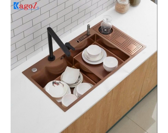 Chậu rửa bát 1 hố kèm rửa cốc màu vàng đồng Kagol K8846 RCV