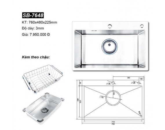 Chậu rửa bát đúc 1 hố Hàn Quốc Sobisung SB-7648
