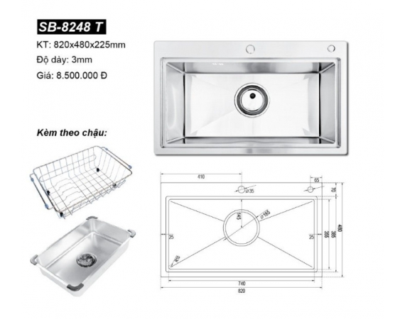 Chậu rửa bát đúc 1 hố Hàn Quốc Sobisung SB-8248T