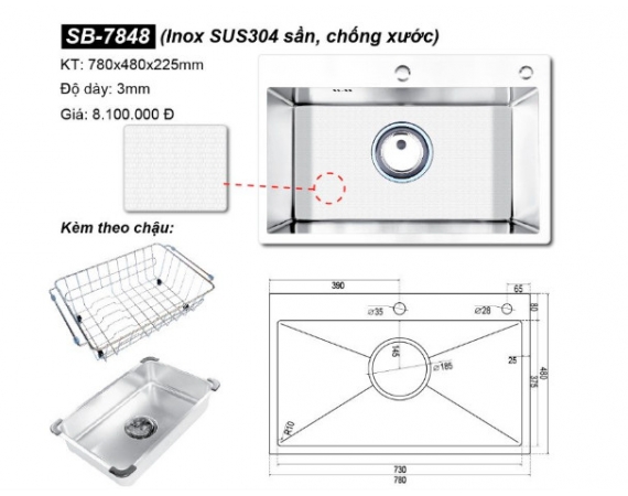 Chậu rửa bát đúc 1 hố Hàn Quốc Sobisung hạt sần chống xước SB-7848