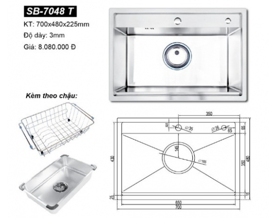 Chậu rửa bát đúc 1 hố Hàn Quốc Sobisung SB-7048T