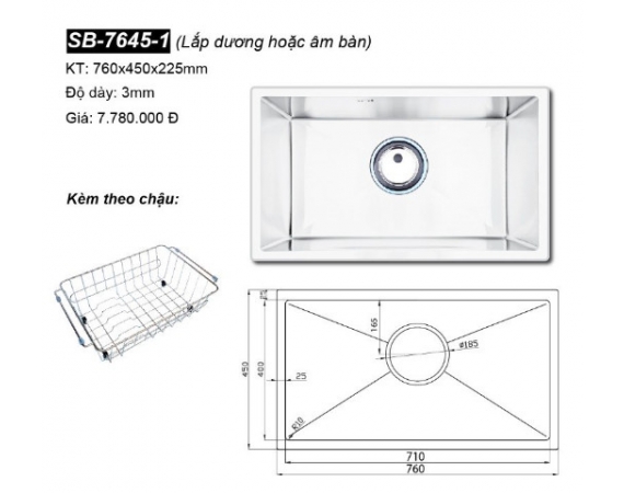 Chậu rửa bát đúc 1 hố Hàn Quốc Sobisung SB-7645-1