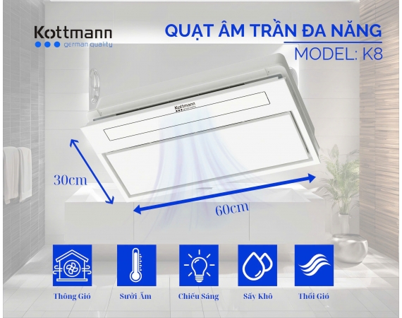 Quạt Âm Trần Đa Năng (5trong1) Kottmann-K8,Máy sưởi phòng tắm